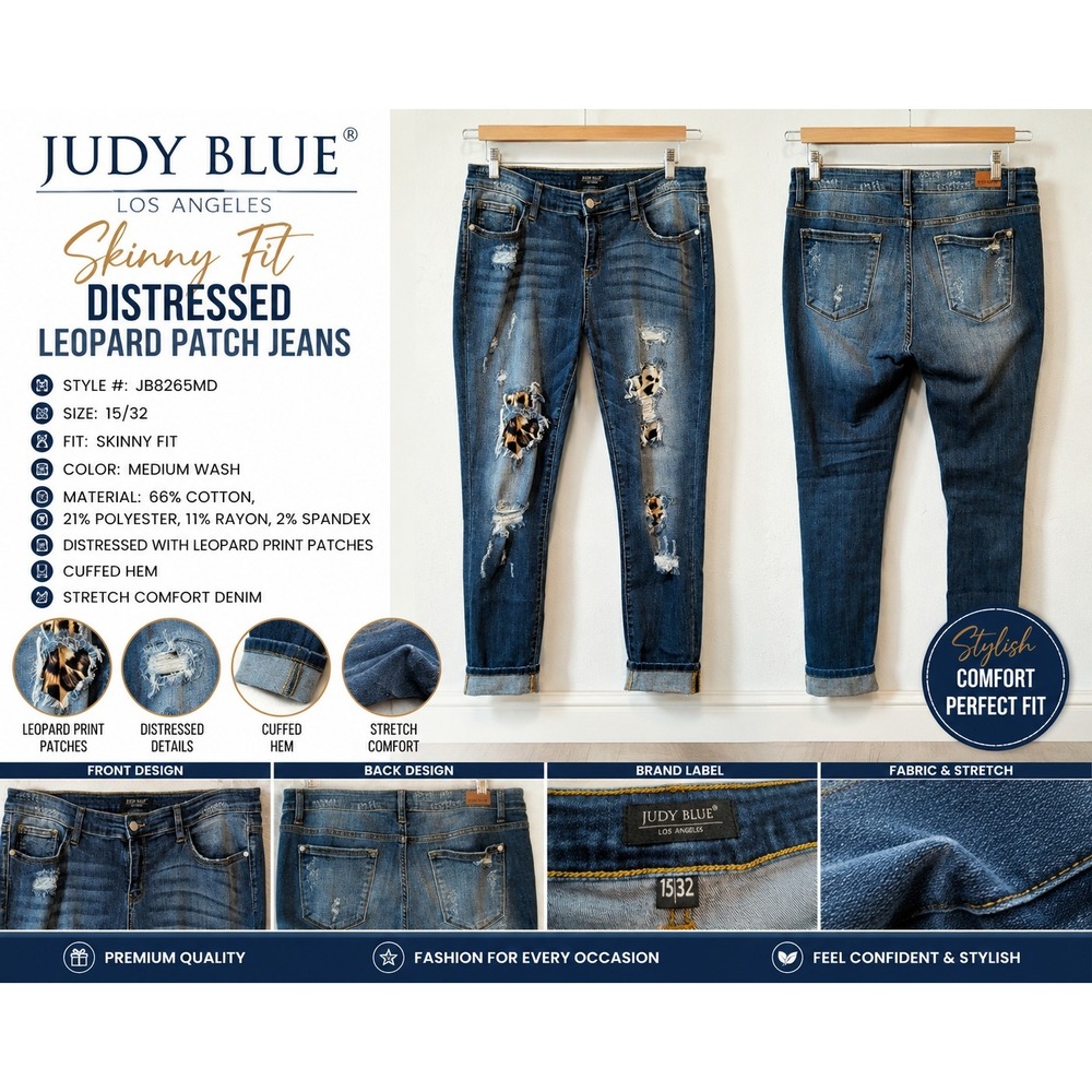 Judy Blue Leopard Patch Distressed Skinny Jeans Medium Wash JB8265MD 15/32
